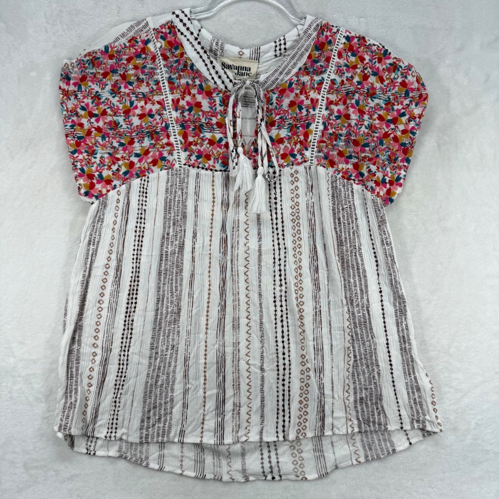 Savanna Jane Floral Peasant Top Boho Tunic Tie Neck‎ White Brown Size S